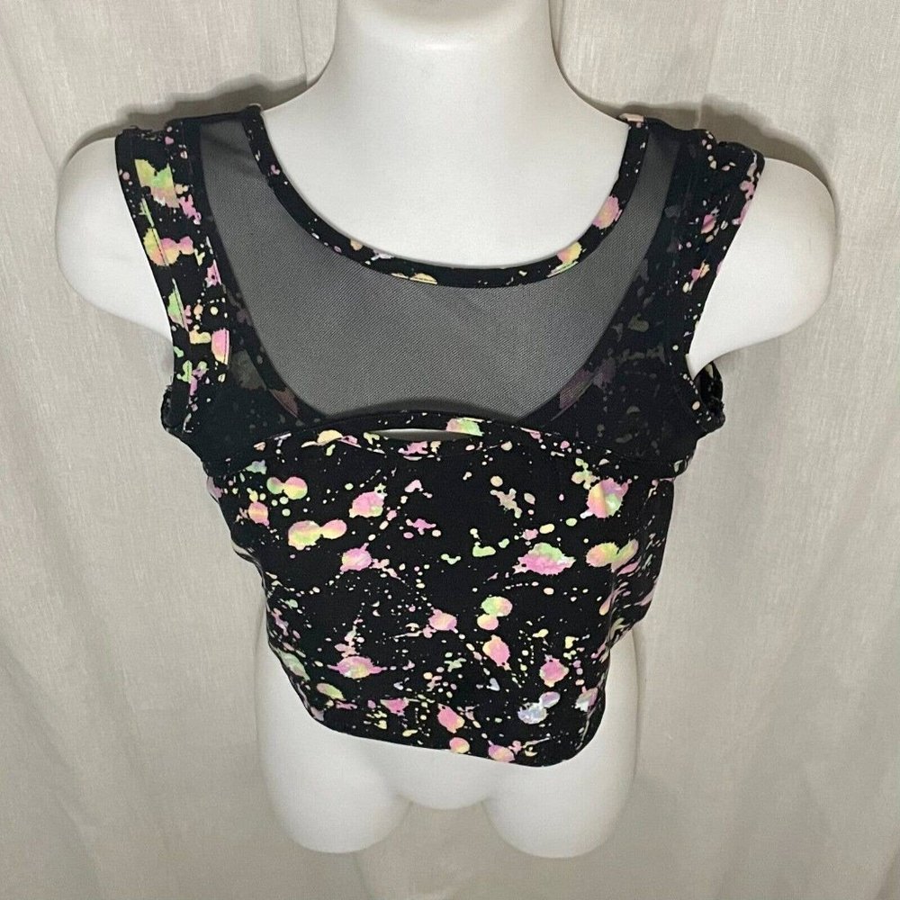 Feathers Women's Black & Neon Splatter Print Cropped Tank, Mesh & Fabric Sz S - Picture 4 of 10
